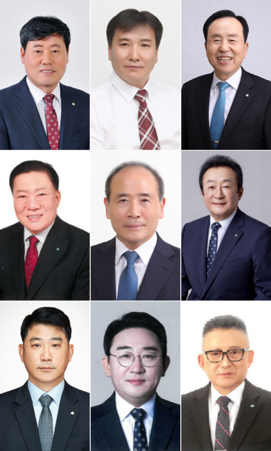 (윗줄 왼쪽부터 기호순) 우기만 후보, 이현희 후보, 이순수 후보, 최천만 후보, 송호선 후보, 김인 후보, 김현수 후보, 김경태 후보, 용화식 후보. [사진=중앙선거관리위원회]